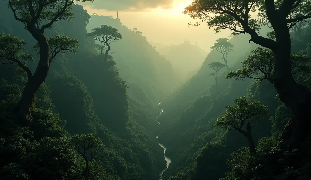 generates a hyper realistic image of a lush forest seen from the sky with dark tones