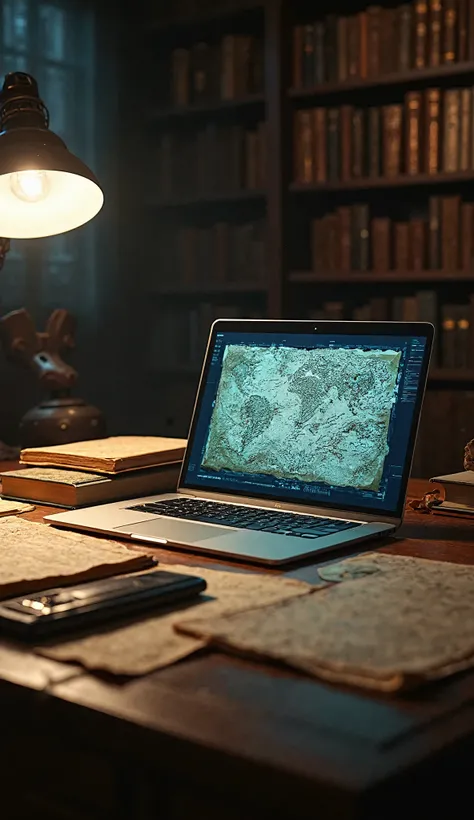 "A study table covered with manuscripts, ancient maps and a modern laptop. The computer screen shows a detailed digital analysis of the newly discovered scriptures."