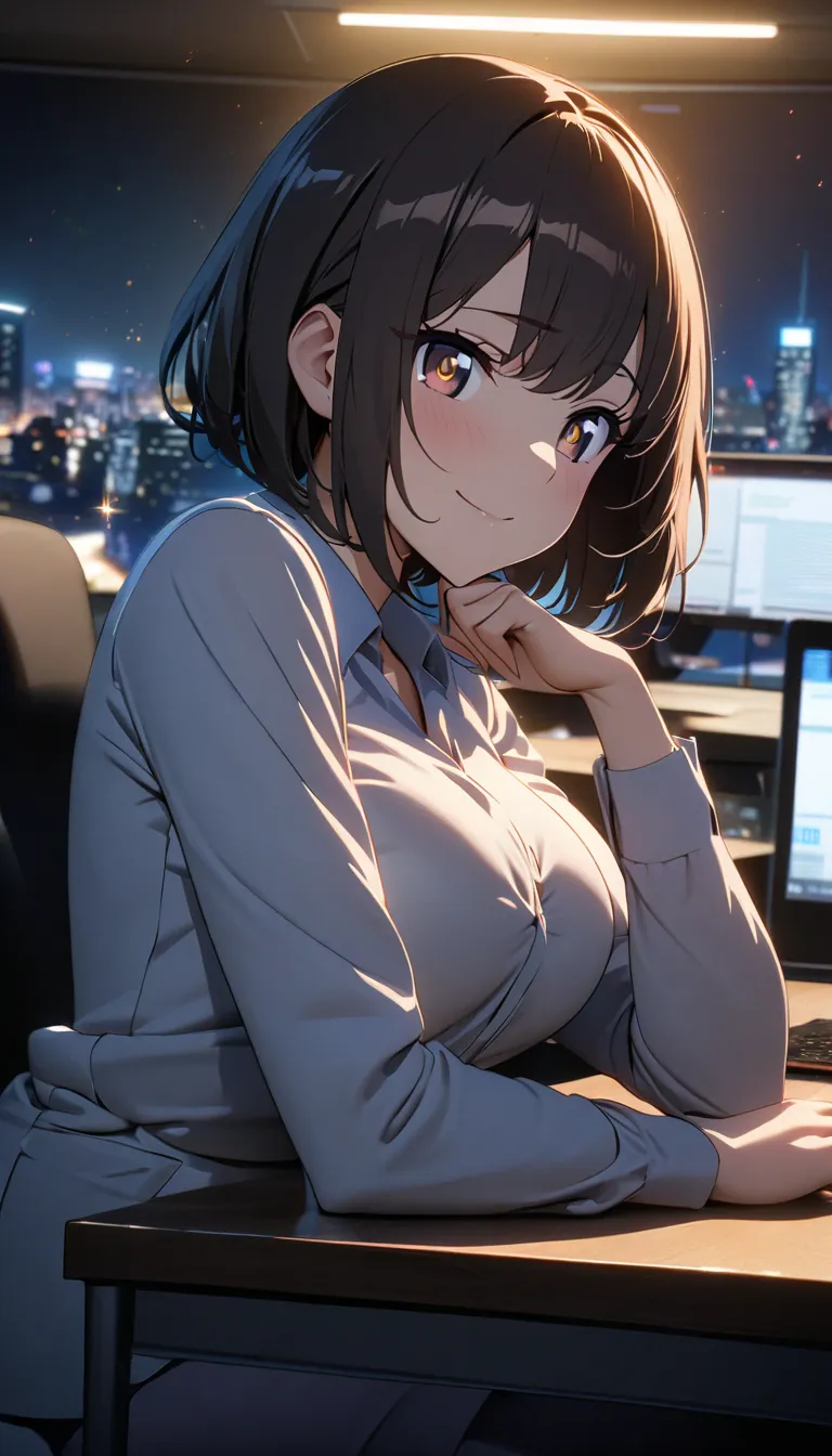 (beautiful anime girl:1.3), kawaii girl, slim and graceful figure, office, A beautiful anime girl resting her elbow on the desk, propping her chin with one hand, curious expression, playful smirk, ((slightly tilted head)), big sparkling eyes, brown eyes, s...