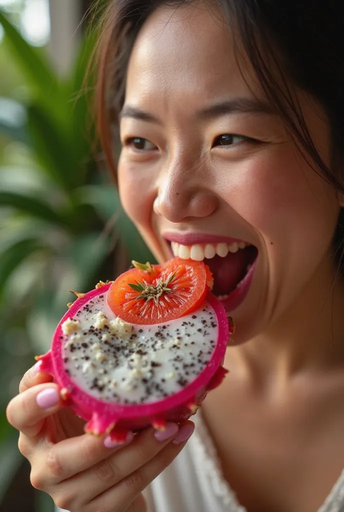 A person biting into a dessert from a juicy pitahaya