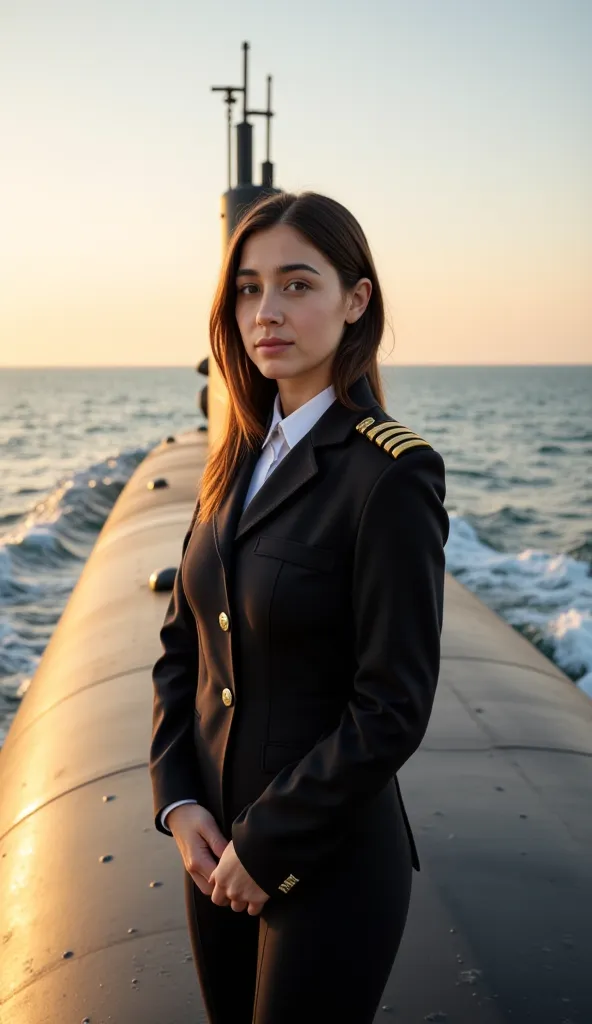 A beautiful young Israeli woman, 20 years old, stands confidently on the deck of a surfaced submarine, exuding both elegance and authority. Her dark brown hair, styled in a sleek long bob, frames her striking features, her deep eyes reflecting intelligence...