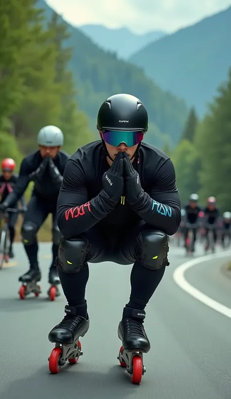 group of massive 20-year-old people descending on inline roller skates, Crouching their hands in front of their mouths on a highway at speed in curves, wearing black sportswear neon handles on the hands, luminous colored wheels, colored helmet, knee pads, ...