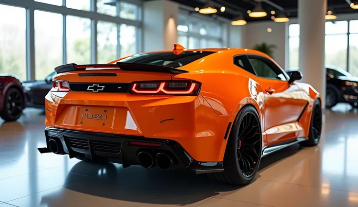 Realistic of futuristic (2025 Chevrolet Camaro) with modification, good looking, pure (orange) color, back  view, parked in luxury showroom 
The background features a contemporary showroom setting with polished floors and natural light, enhancing the car's...