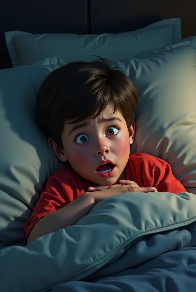 Boy in red shirt scared in his parents' bed 