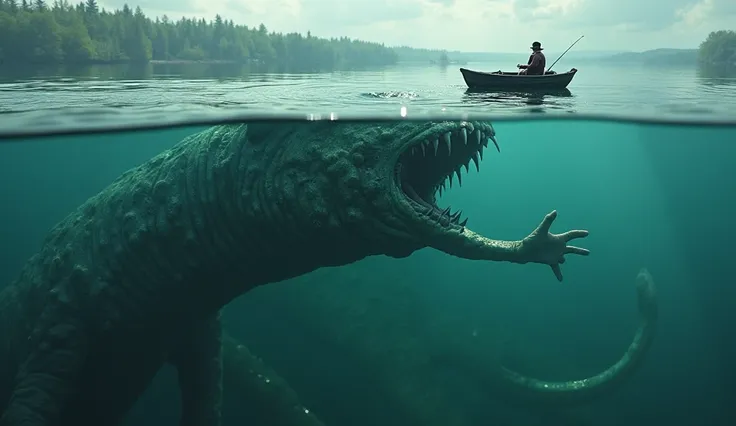 creature from a gigantic lake, it is submerged, and the part that is outside the 'hua is an arm with a human hand, coming out of the creature's forehead, it serves as bait to attract humans, the hand simulates drowning, the scene allows you to see the unde...