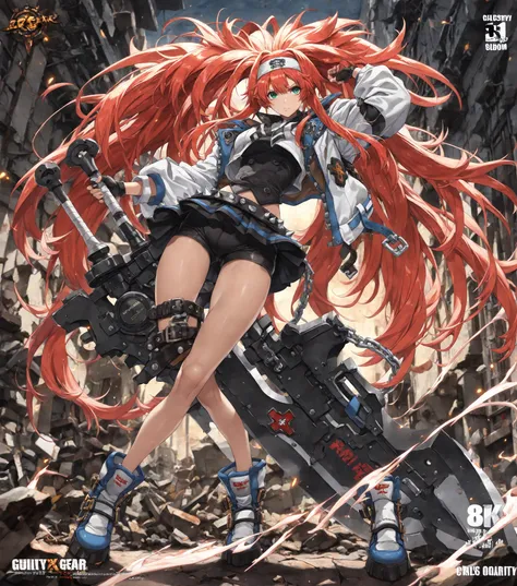 4K, game's cover, Guilty Gear Strive style, 1 girl, solo, chains around her, extreme large Long messy hair, cyan colored hair, big bosom, buxom, jacket (with impressive details), shirt, spiked belt (large),  skirt, undershorts, spiked boots, holding a Very...