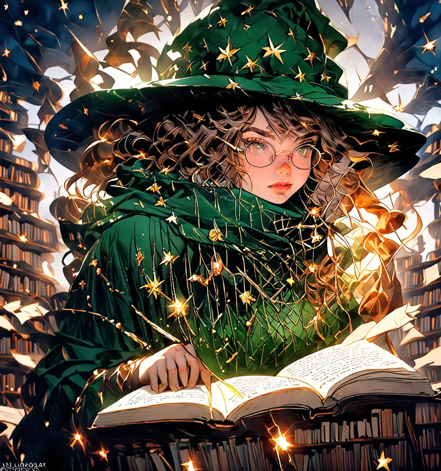 in the style of a D&D character Portrait, Priscilla "Pris", A young female magician with curly dark hair, freckles, and round glasses perched on her nose. She wears a flowing emerald-green robe adorned with golden star patterns, and a slightly oversized wi...