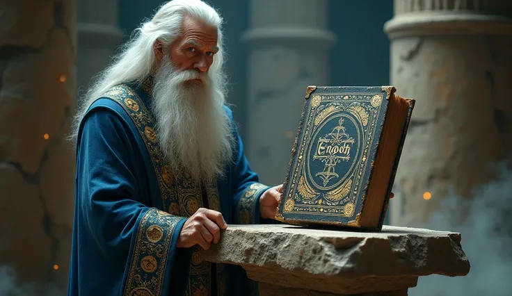 An old man of wise and imposing appearance, with long silver hair and full beard, wearing a deep blue ceremonial robe embroidered with gold embroidery in heavenly patterns.  His eyes shine with a greenish tint , transmitting ancient wisdom . He is standing...