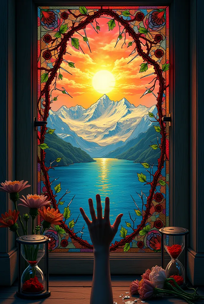 ‎  generate an image of a **stained-glass window** with intricate, vibrant designs depicting a breathtaking landscape (snow-capped mountains, a glowing sunset, or a serene ocean). However, the glass is **cracked and splintered**, with sharp shards threaten...