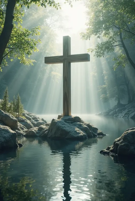 32k Ultra HD, Very sharp , ultra realistic, image of an impeccable cross,  realistic photo, Professional light photo, At the edge of the lake reflection, white sky light illuminating it, Sacred white light, pequenos feixes de luz o iluminam vindo do céu sp...