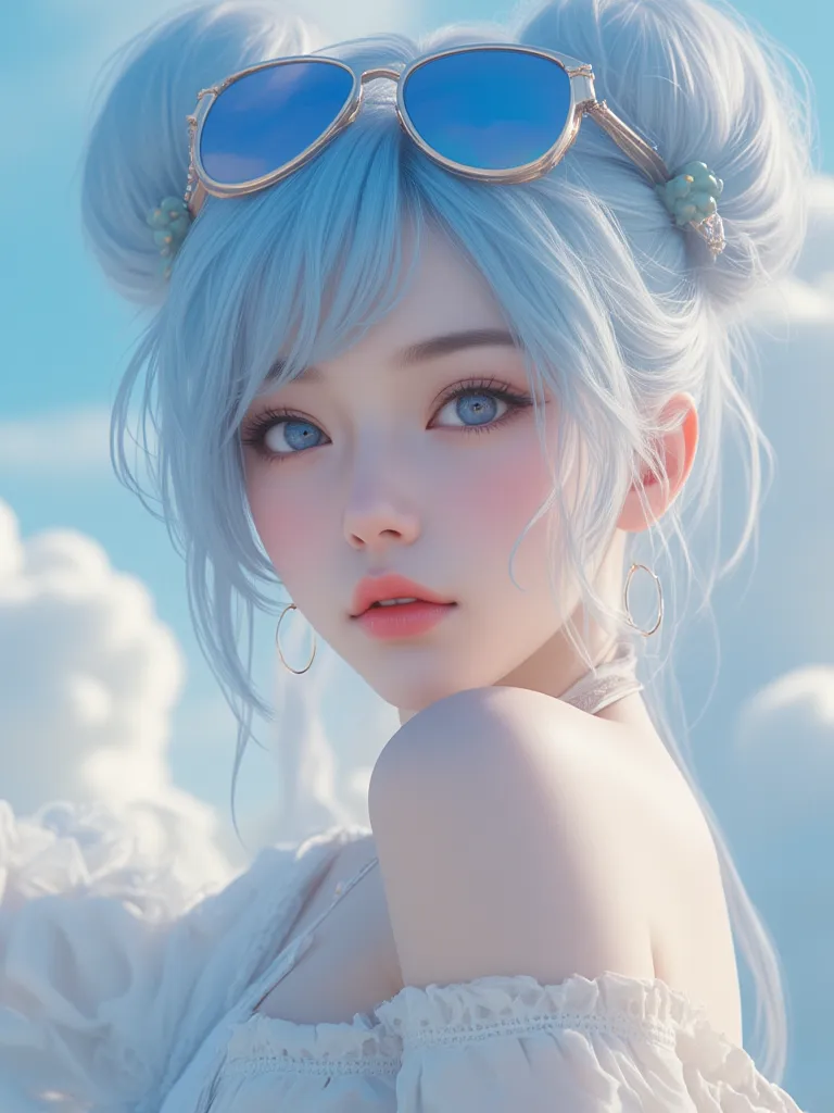 Masterpiece, best quality, 8k, highest quality, best graphic, beautiful eye, beautiful lip, beautiful background, cute Korean woman in 20s, pastel blue color hair, pucca buns, sunglasses 