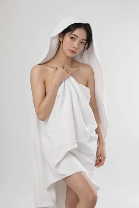 (toweling made of white fluffy cotton:1.3), ((sleeveless, strapless):1.3), (wrap a plain white color towel over naked body:1.4), (sheath line:1.3), (wrapped soft thick white towel with fluffy trim:1.4), ((bare shoulders, bare arms, knees):1.3), (barefoot:...