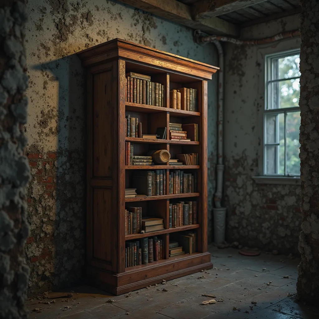 A wooden bookshelf coated with a protective shield, placed in a dimly lit, humid basement with mold and mildew growing on the walls and an untreated shelf nearby, the coated shelf stays clean and vibrant, photorealistic details, moody lighting, high resolu...