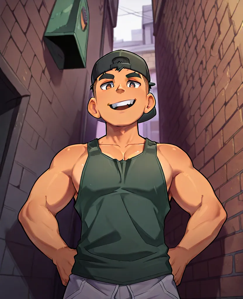 male fighter character, 1boy, big body, tan skin, undercut black hair, backwards hat, dark green tank top, thick eyebrows, smile grins, buck teeth, leaning against a khaki colored brick wall, alley, swole pec, bottom view, front torso focus, below view, ha...