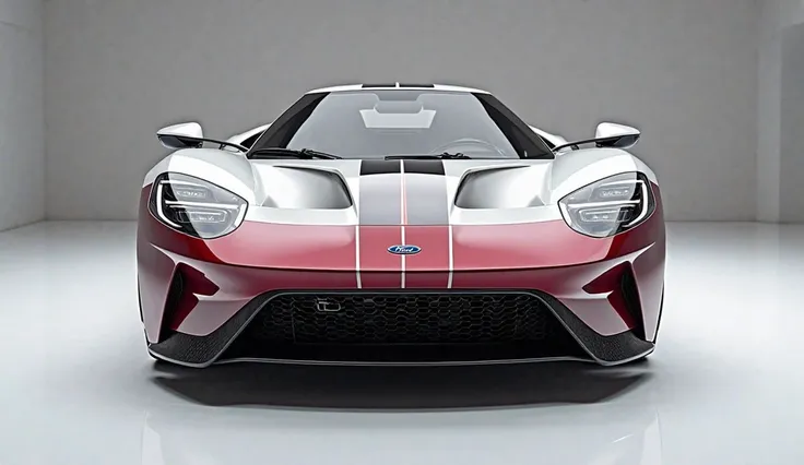   front) view of painted wine ( white )with shiny clour ( 2025 Ford GT) Darkhorse sleek in large shape in large size with horse logo on its large detailed grille in shiny wine (white) clour with angular sporty design captured from back view with modified s...