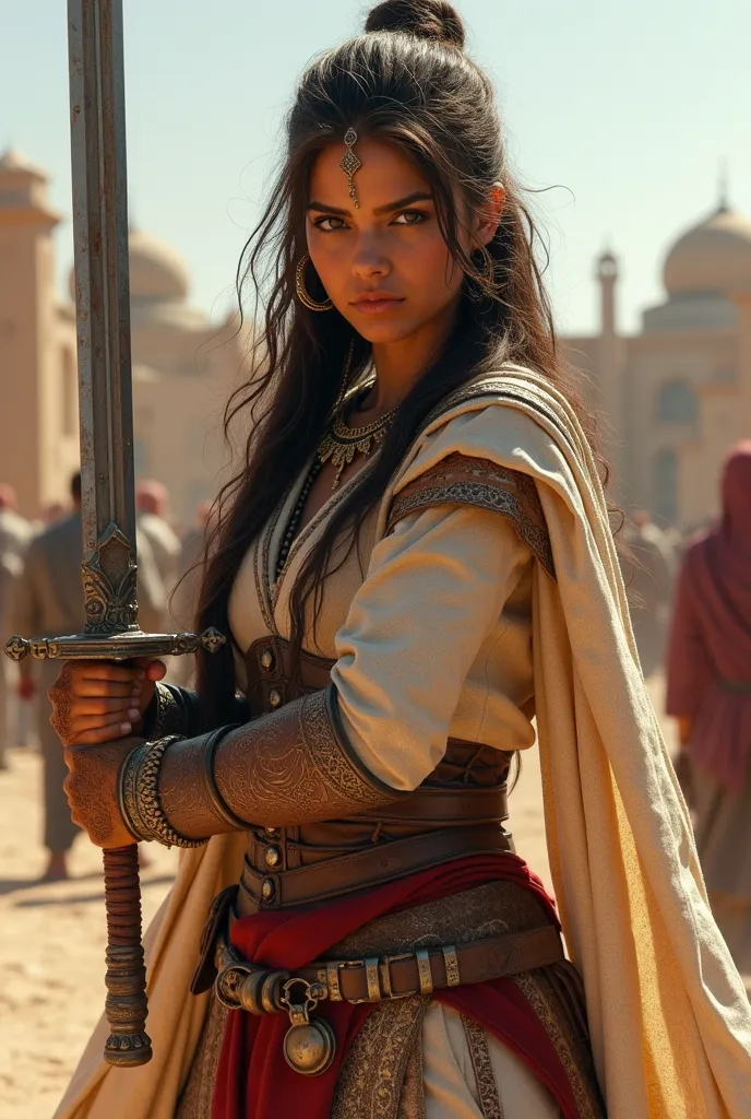 An ancient Arab warrior girl, in full arms and an ancient warrior's clothes, a rounded sword raised her hand in her hand,  with Agrabah in the background