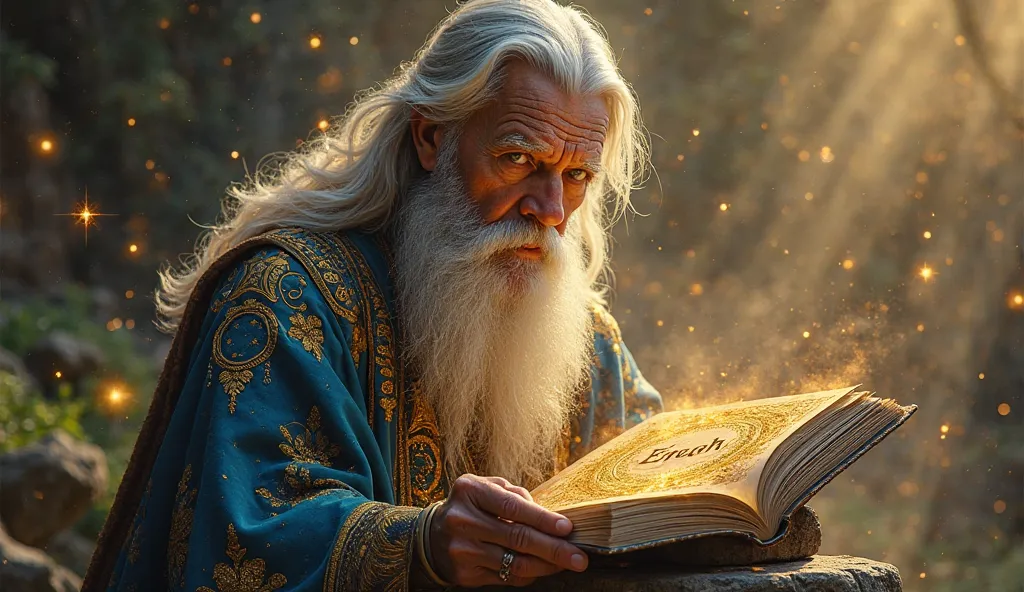 "Detailed close-up of a wise elder, identified as Enoch, with long silver hair and full beard. He wears a deep blue ceremonial robe with vibrant gold embroidery in heavenly patterns.  Its eyes shine with an intense greenish tone ,  radiating ancient wisdom...