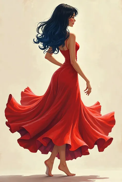 The figure of a woman with a dancing long red ruffled skirt with a blue color in one part of her black hair Let's see her face from the side profile but her body turned back with one hand in the air and the other hand on the waist Her feet are bare feet Th...