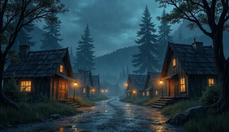 A small village during a heavy rainstorm at night.