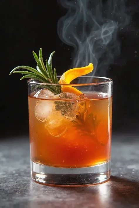 A clean and professional photo of a cocktail named 'Smoke on the Water'. The drink is served in a short, square glass with a dark amber color and a slight smoky effect above the glass. The drink is clear but has a rich, deep hue, reflecting a smoky, aromat...