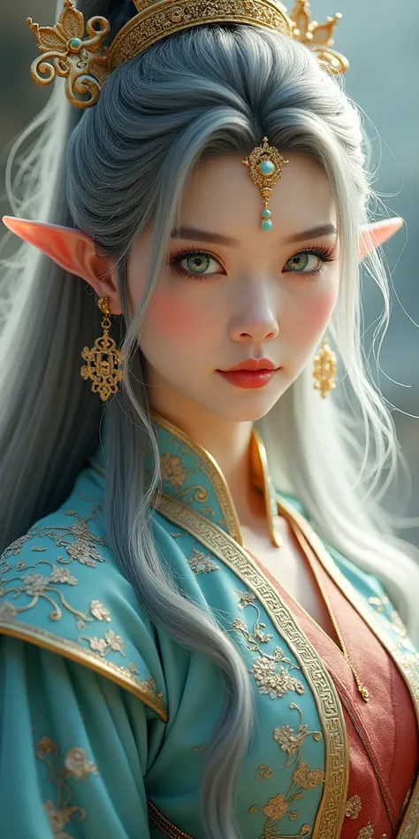 Uhd, half body photograpphy, Most beautiful xianxia female protagonist,light brown dominant and silver strand long hair , green jade eyes,use majestic goddess armor with red  mate fillamen, blue jade pattern clothes,face detailed,lips detailed,thin red lip...