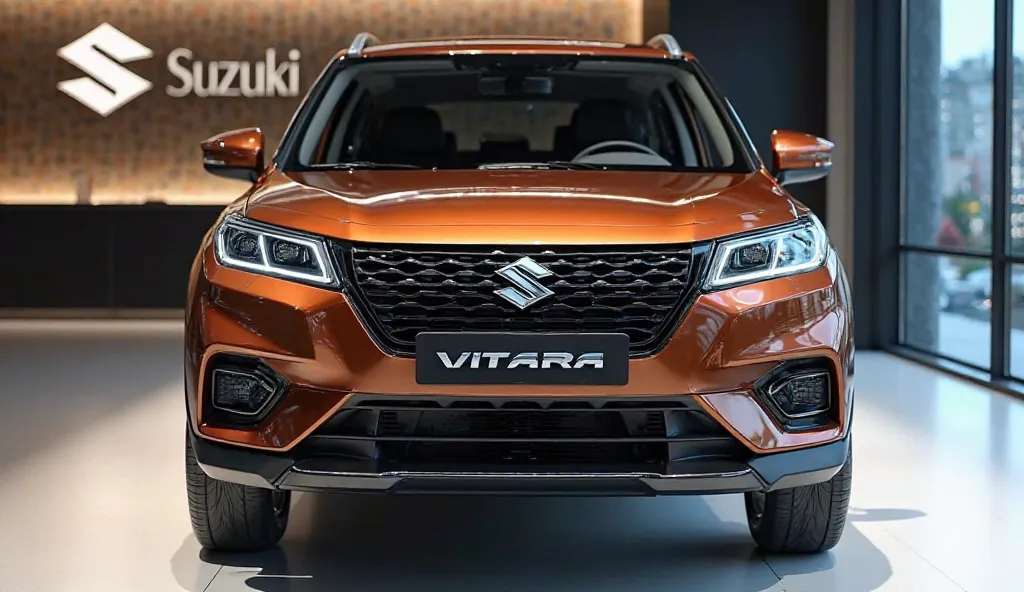 "An ultra-realistic image of the[ front ]end of a futuristic front 2025 [Suzuki Vitara ]. The car features a large, imposing, and aerodynamic design with a glossy metalic brown shiny exterior. The front view end has a wide, aggressive grille with intricate...