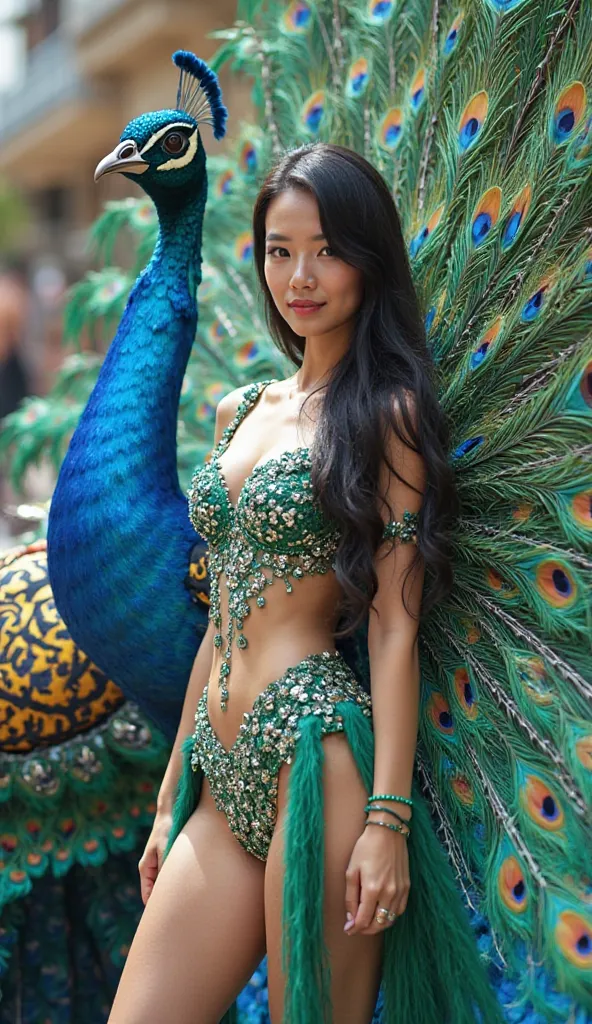 On the side of a colorful peacock-themed allegorical cars,  Peacock the show,carnival parade, Korean woman, long long black hair, Dressed in an extravagant outfit inspired by peacock feathers, The outfit consists of a swimsuit detailed with embroideries an...