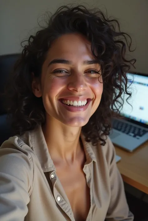 A young woman, up to 18 years old, with fair skin and curly black hair that falls just below her shoulders, is sitting in her chair, taking a selfie. She is laughing spontaneously, showing her teeth and leaving her eyes slightly squinted, conveying a feeli...