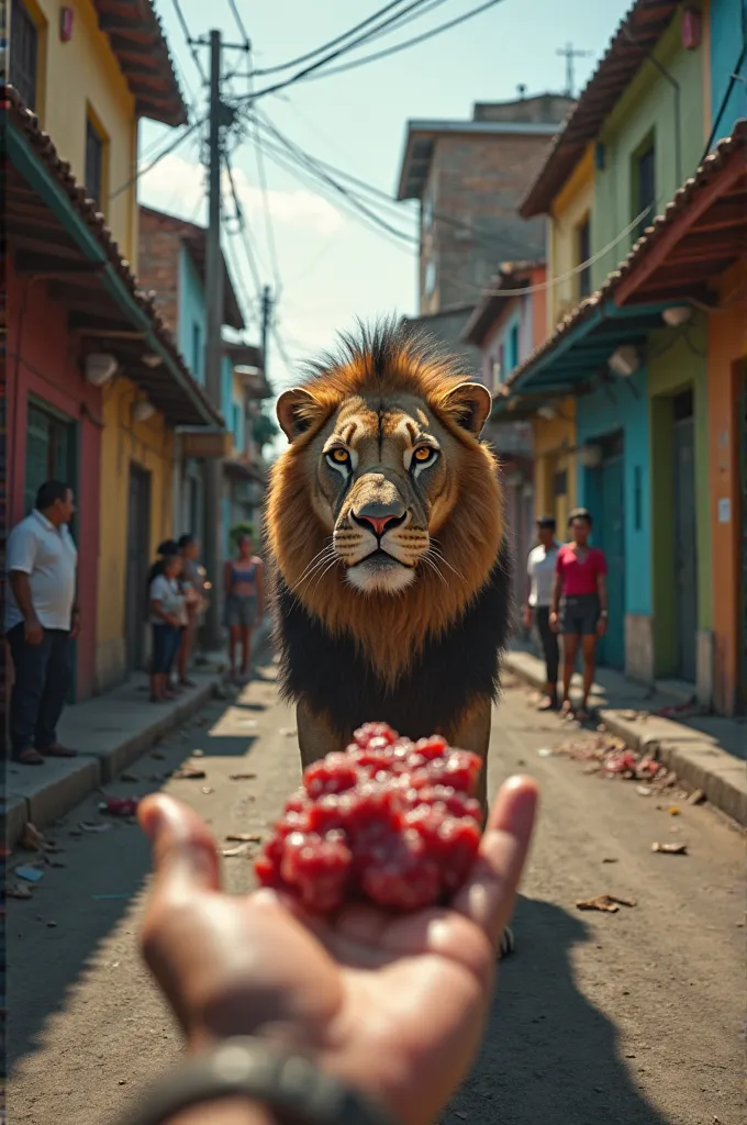  Creation of a prompt for the image :  

*"A first person scene (throw) showing an outstretched hand offering raw meat to an imposing lion on a narrow and worn street of a favela in Rio de Janeiro. The Lion, with a majestic mane, take an intense look at th...