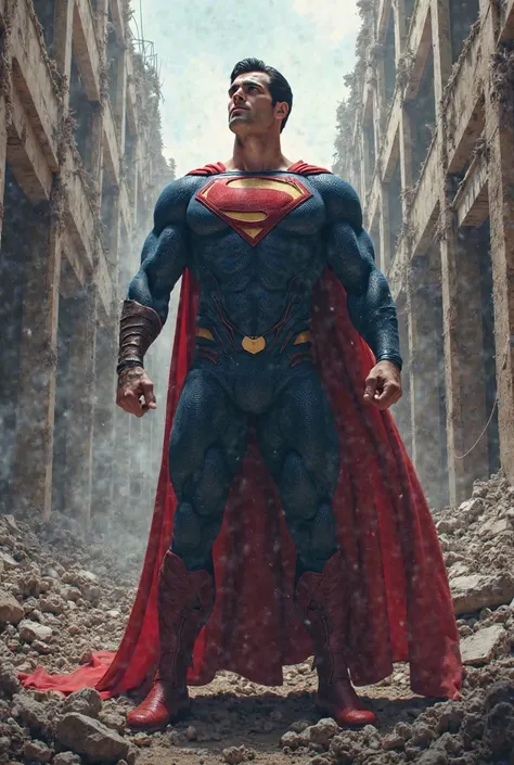 Superman,holding his injured right arm,standing against a destroyed building 