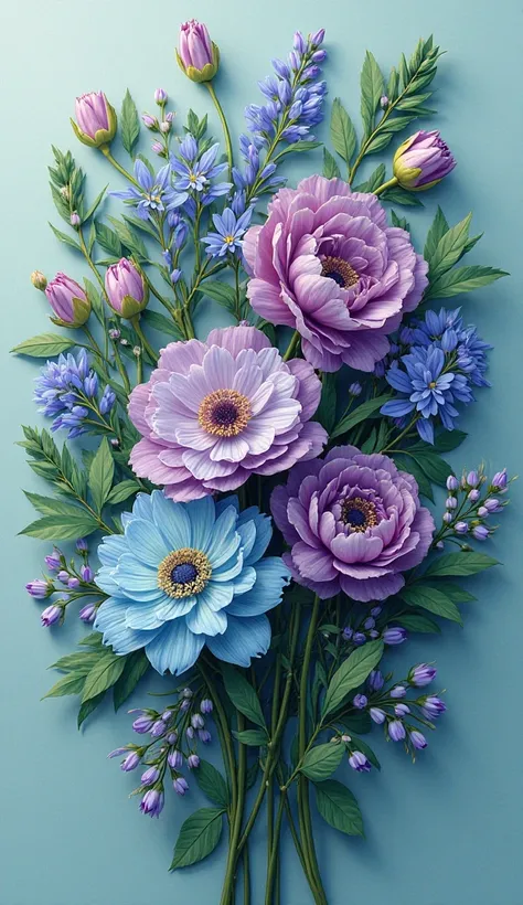  fresh teal green and purple  flowers boquet ,no space,super detailed art,flat lay view