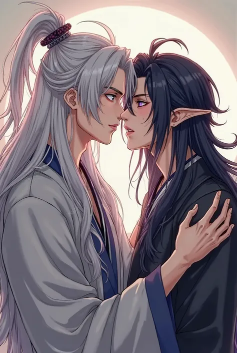 The first guy with long, thick white hair, silvery eyes, is wearing expensive painted hanfu.


The second man with pointed ears,  purple eyes, with black hair reaching to his shoulders, he is wearing shabby old black hanfu.

Donghua style, anime.
Actions K...