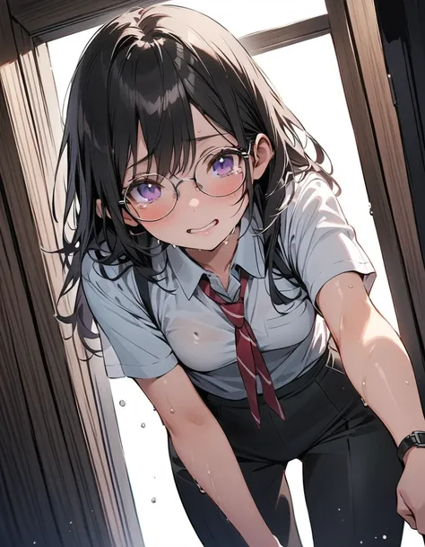 ((masterpiece)), (( best quality)), 8k, composition seen from below、Principal&#39;s Office、Only one person in the room、,、 Beautiful Small Breasts , straight black hair ,Glasses、Light purple eyes、 in a hurry,、Slender body,  school uniform、（Facial flushing、 ...