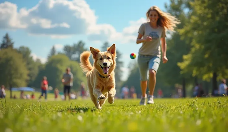 in a sunny park, a cheerful and energetic dog runs through the green grass, chasing a colorful ball.  a , wearing casual clothes and a radiant smile, Run after the dog, trying to reach him . the dog, of shiny fur and lively eyes, seems to be having as much...