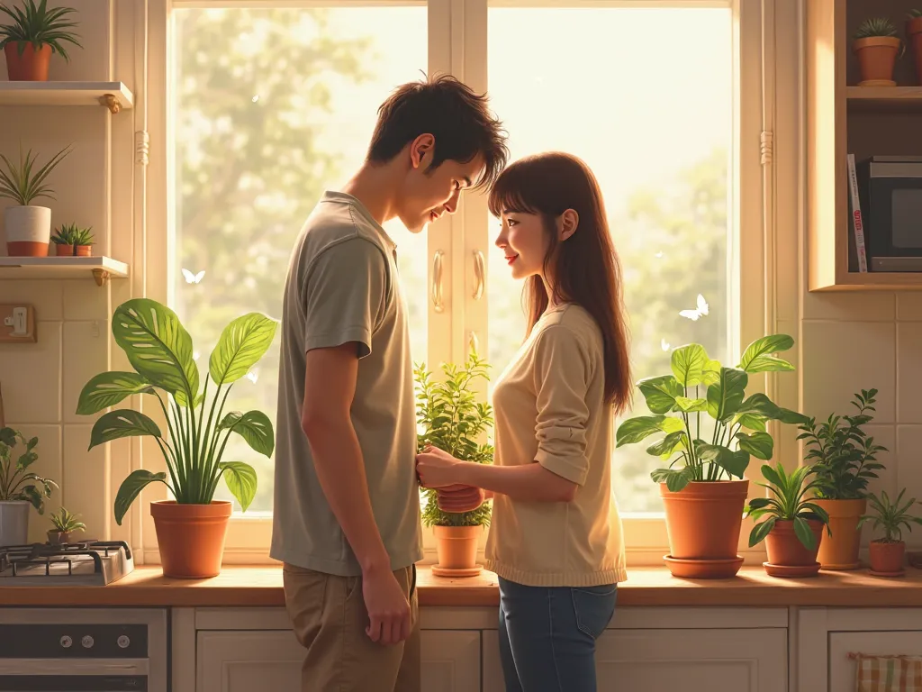 realistically portray a guy and a girl, who place potted plants on their kitchen window