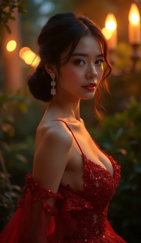 a portrait of a beautiful sexy lady, in formal evening dress, photorealistic, 8K, high quality, professional, beautiful facial features, elegant posture, alluring expression, dramatic evening gown, glowing skin, shining jewelry, luxurious hairstyle, evenin...