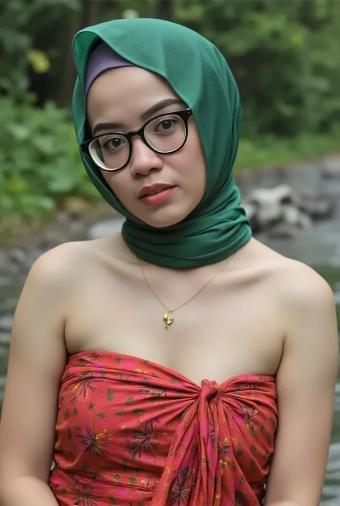 A close up potrait woman with dark green hijab, Realistic, Photorealistic, 8K, Masterpiece, Best Quality, High Definition, Live Action, RAW Photo, Single Woman, Beautiful Body, Big, Cleavage, Sexy, 45 Years Old,Black Retina,Big cleavage,plum breast, chest ...