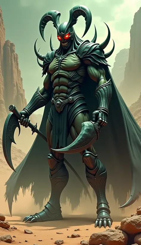 Depict a formidable humanoid scorpion supervillain, known as 'Scorpius,' standing tall and menacing in a dark, arid, desert landscape. Scorpius should have the muscular physique of a powerful humanoid, with a dark, armored exoskeleton covering his body, an...