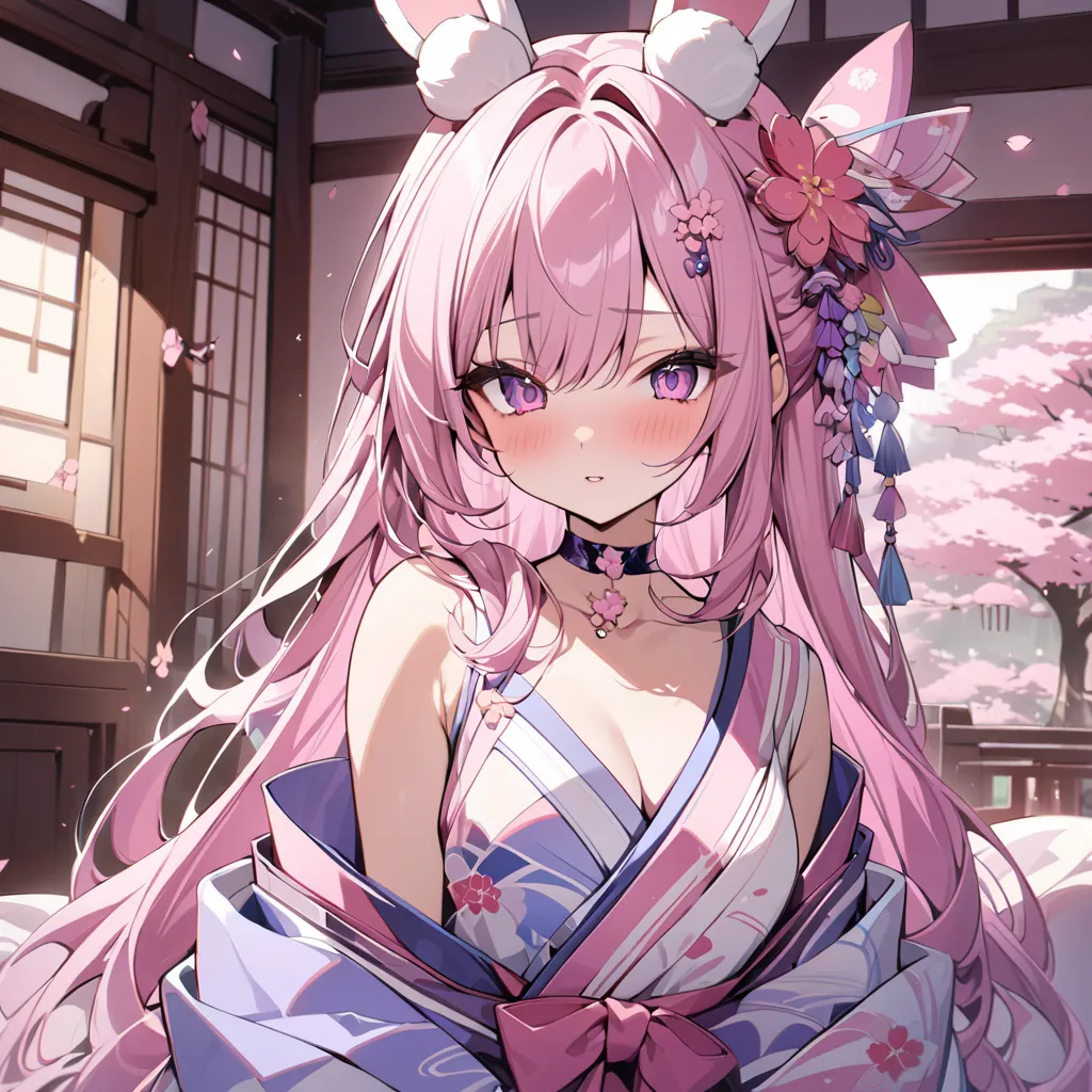 , japanese blossom々）, sexy innocent beauty, sakura shaped choker, (masterpiece, highest quality), sakura art, beautiful and aesthetic: 1.2), (1 girl), very detailed, (princess room art: 1.3), white pink purple blue colorful, pink long hair、pink eyes, rabbi...