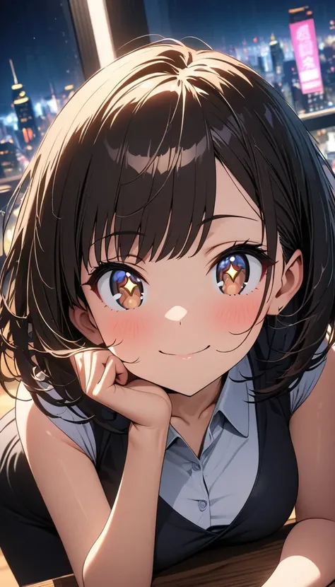 (beautiful anime girl:1.3), kawaii girl, slim and graceful figure, from above, A beautiful anime girl resting her elbow on the desk, propping her chin with one hand, curious expression, playful smirk, ((slightly tilted head)), big sparkling eyes, brown eye...