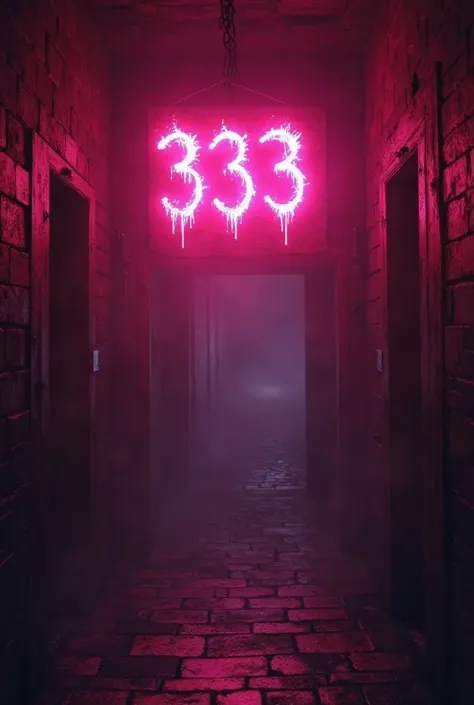 You can make me a background for a sign in black with a corridor illuminated in bright pink that includes the title 333 in terrifying and deformed letters and the whole design induces the devil