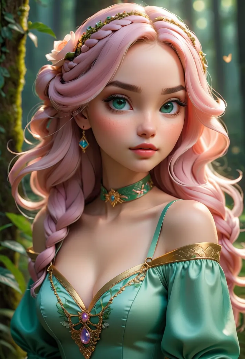  Her long, voluminous black hair is braided into two twin tails, with delicate wisps framing her face. The braids have a slightly tousled, natural look, adding to her fairy-tale-like presence.
Her large, expressive green eyes shimmer with depth, exuding wa...