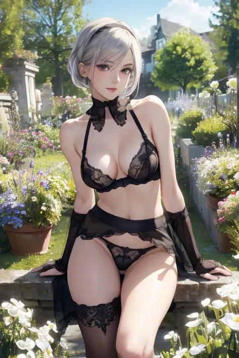 ((Highest quality)), (( masterpiece)), ( exhaustive), Perfect Face,white gloves, knee socks,Mischievous Yorha 2b shows off her small panties, small bra, girder belt, M-shaped leg opening
