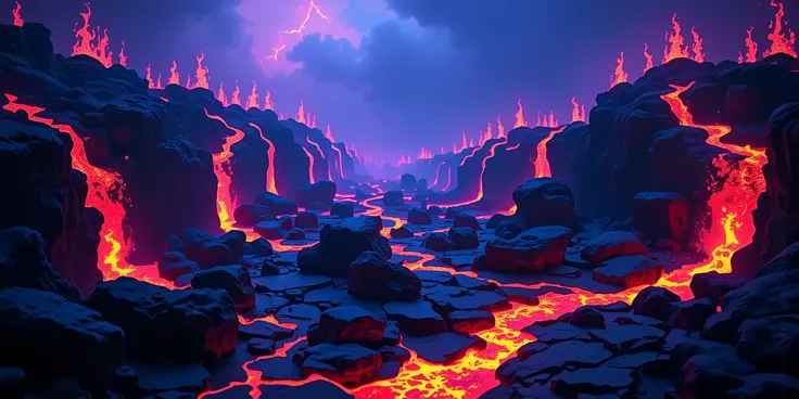 A hellish scene of necrotic crimson lava rivers devouring fossilized bone shards and fungal growths. Bioluminescent violet flames flicker above molten cracks, while ghostly runes hover in a haze of infernal distortion