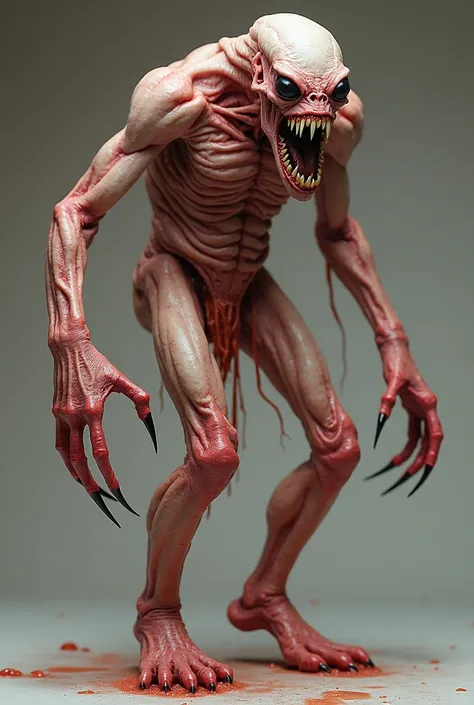 a humanoid creature with contorted and slippery flesh, slender, with long arms and hooked claws, a mouth torn with pointed teeth, long legs and large feet capable of jumping meters forward, it has black eyes like a great white shark, the creature is comple...