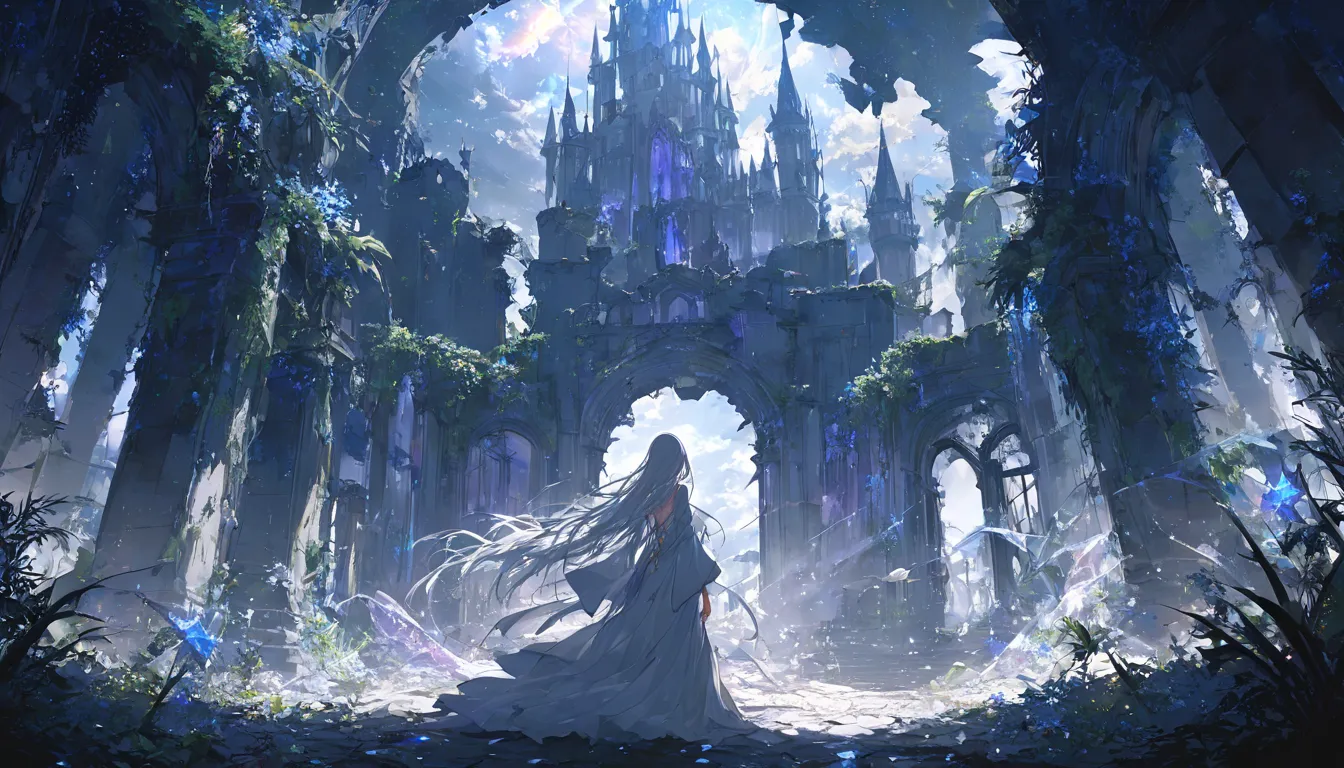  (((Masterpiece))),(((best quality))), A skinny girl with very long silver hair. celestial long robe, A scene where your back is turned towards you, A world in ruins, from behind, (wild plants), castle. grand entrance gate, cinematic angle, dynamic angle, ...