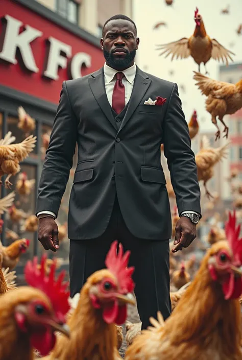 make a black man standing in front of a kfc and chikens are running from him