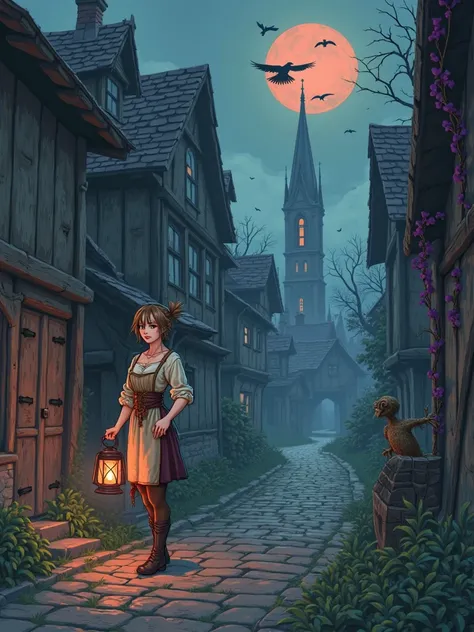 Medieval cursed village scene, flat 2D anime style with soft cel-shading, Q version three-head proportion（Retain appropriate details），A thin young medieval female villager stands in the middle of the cobblestone street，Wearing a faded linen corset and a wo...