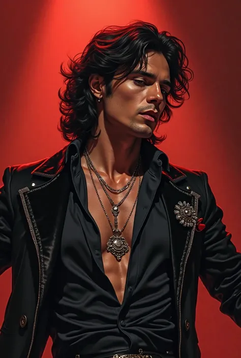 Generate a dramatic and stylized illustration of a male singer inspired by the aesthetics of the 70s, with soft, expressive facial features, dark wavy hair with volume, and an intense and captivating look. Wear an elegant and vintage outfit, with striking ...