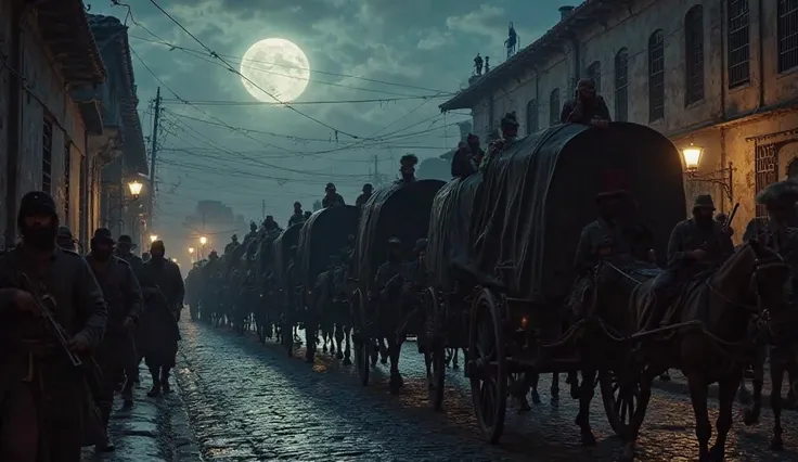 A caravan of horse-drawn wagons covered in dark cloth, escorted by armed Spanish soldiers, moves through the cobblestone streets of Lima under the moonlight. The sound of hooves echoes as tension fills the air. Silhouettes of rebels are visible on rooftops...